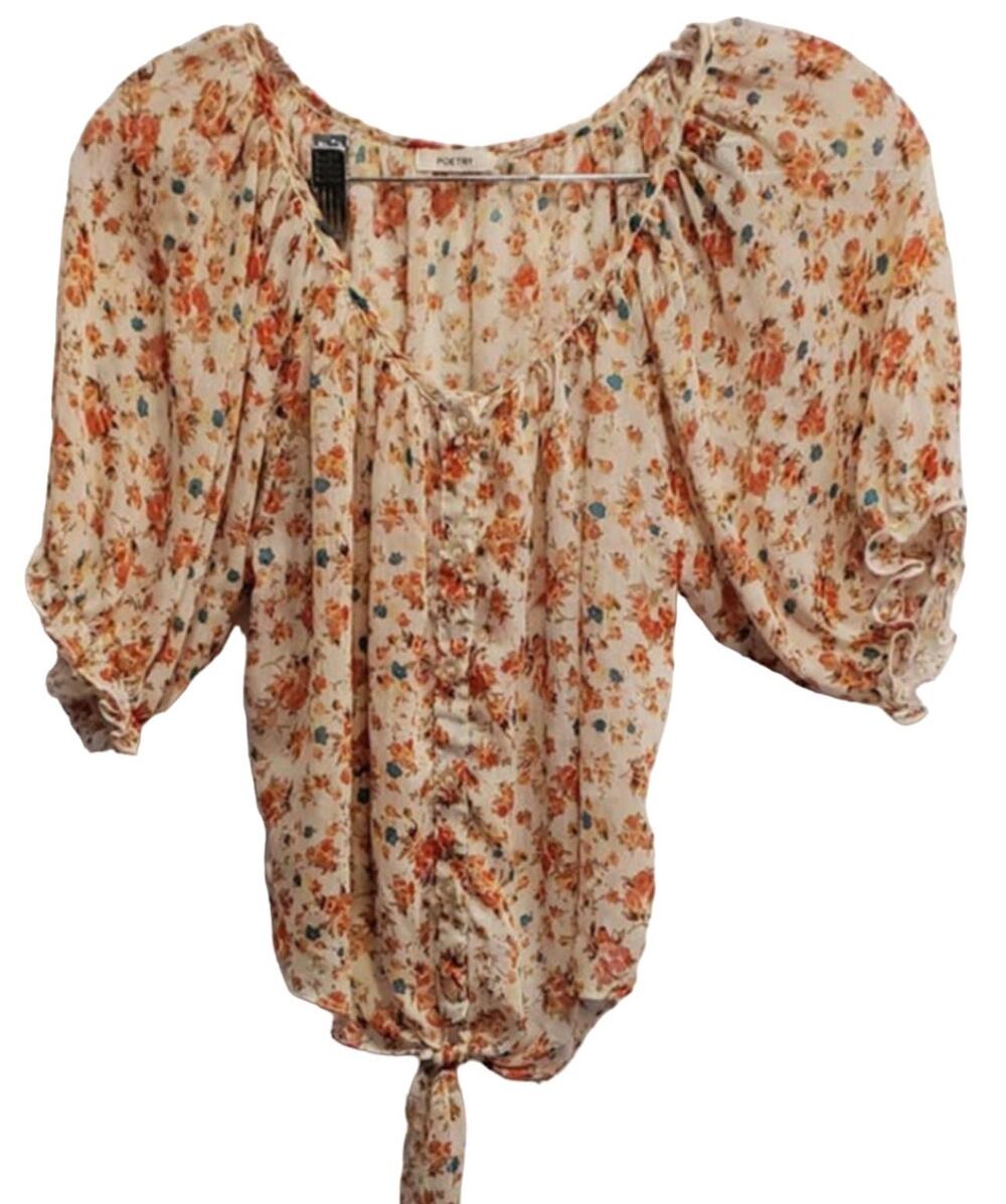 Poetry Women's Flowy Floral Cropped Front Tie Waist Blouse Semi Sheer Small